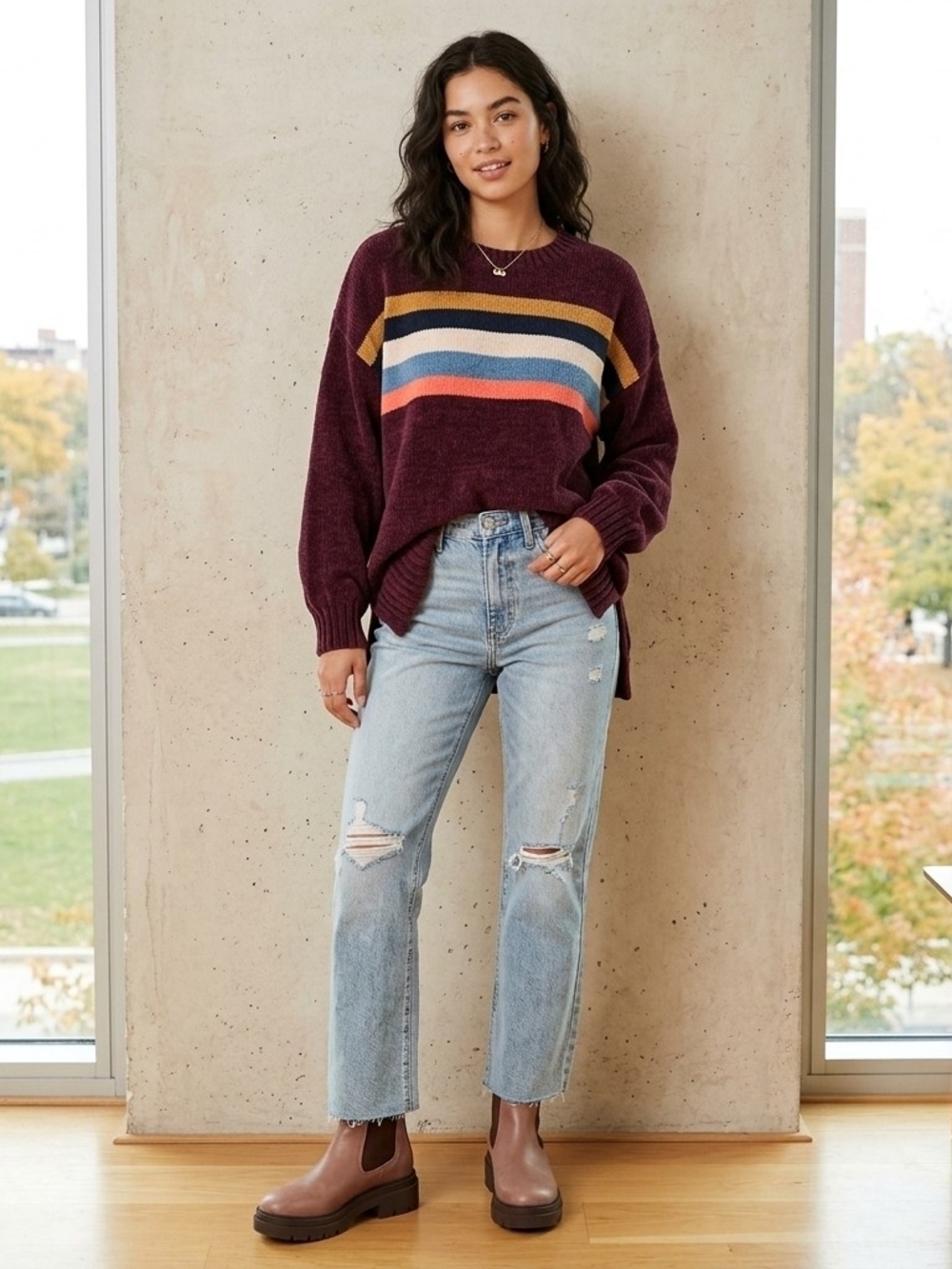 American Eagle Maroon Crewneck Sweater with Multi-Color Stripes Size XS Oversize